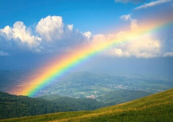 A rainbow is seen in the sky above a green hillside