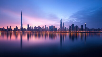 Obraz premium Dawn breaks over the city, casting a gentle glow on the skyline. Skyscrapers rise majestically, mirrored in the still waters below, creating a tranquil atmosphere