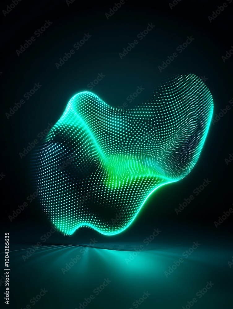 Poster abstract glowing wave with dots, creating a sense of movement and depth against a dark background, p