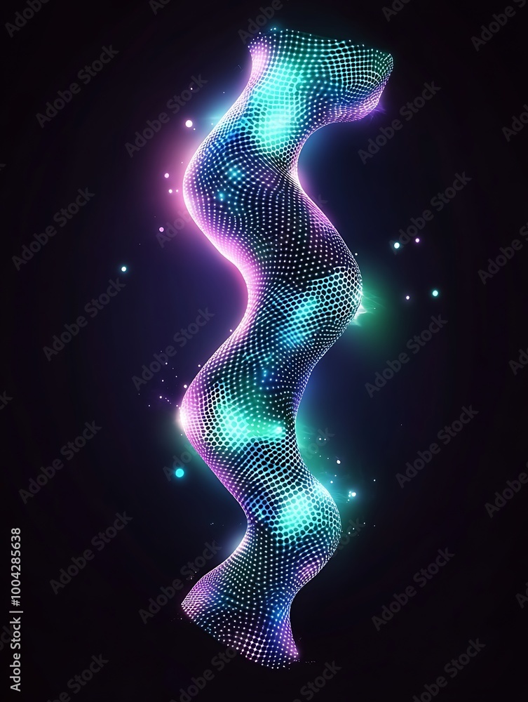Poster abstract glowing wave with dots on dark background, showcasing vibrant colors and dynamic shapes. a 