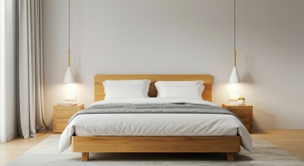 Minimalist bedroom with a wooden bed and gray rug.