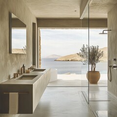 A bathroom with a large mirror and a window overlooking the ocean