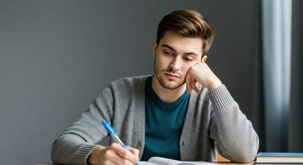 Young man thinking while studying.