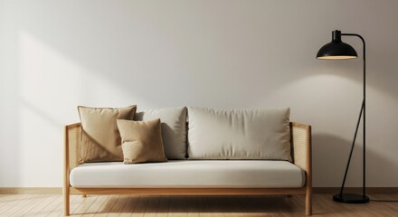 Minimalist living room interior design with sofa and floor lamp