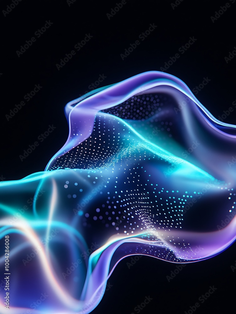 Poster abstract glowing waves of light in vibrant colors on a dark background, creating a modern and dynami