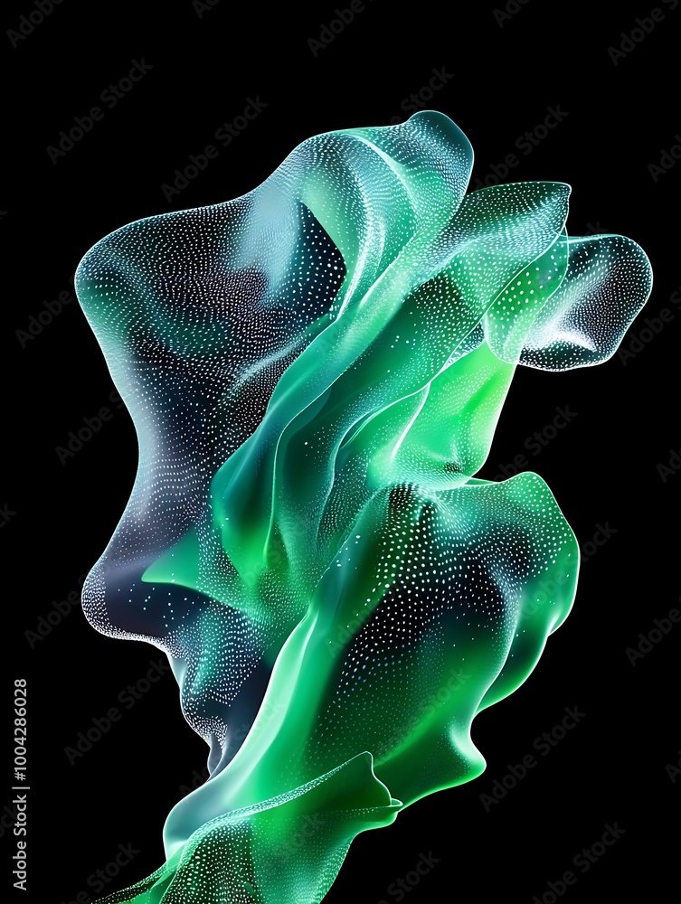 Poster abstract green and blue fluid shapes on a black background, creating a vibrant and dynamic visual ef