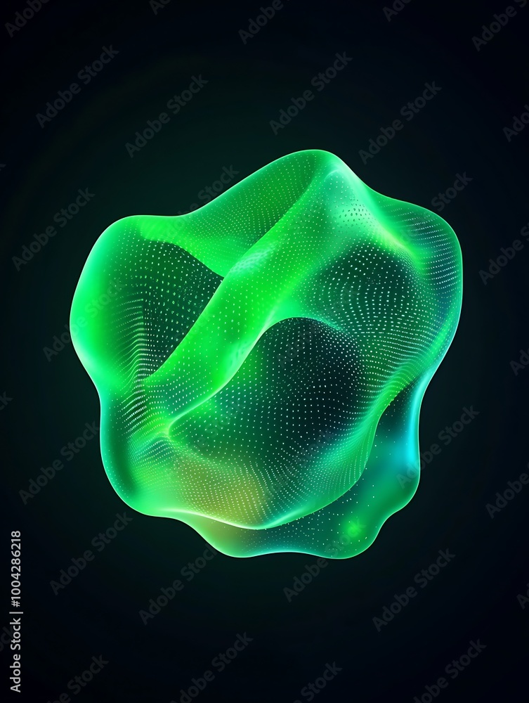 Poster abstract green wave shape with intricate mesh details on a dark background. a minimalist poster in m