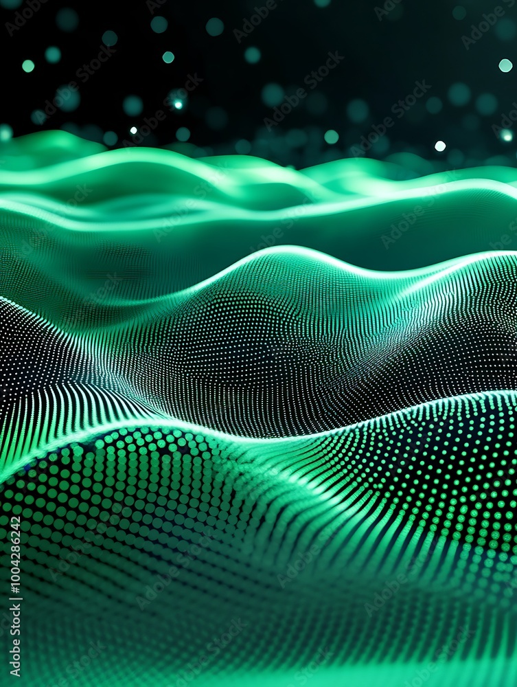 Poster abstract green waves with glowing particles on a dark background, creating a mesmerizing digital lan
