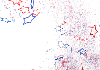 White banner with colorful stars.