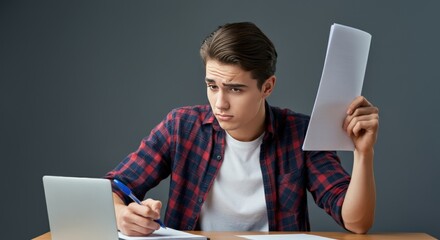 A young man in a plaid shirt is writing notes on a notebook while holding a piece of paper in his right hand.