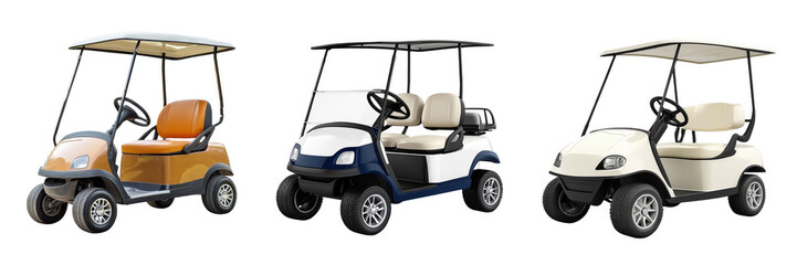 Three various golf cars in a row on white background