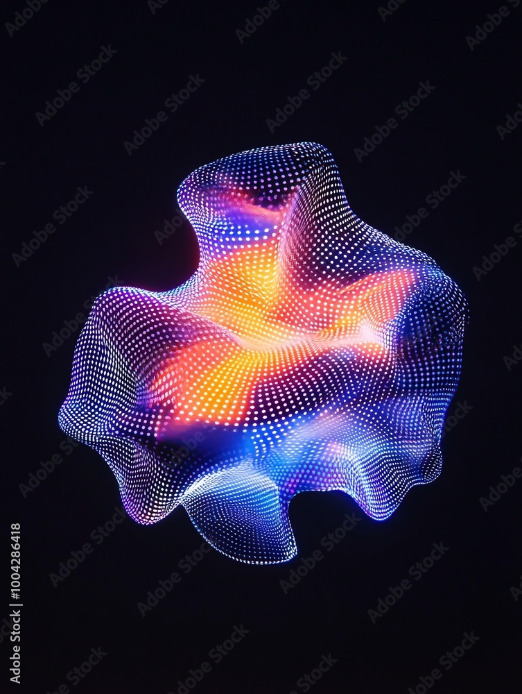 Poster abstract illuminated shape with vibrant colors, glowing against a dark backdrop, creating a dynamic 
