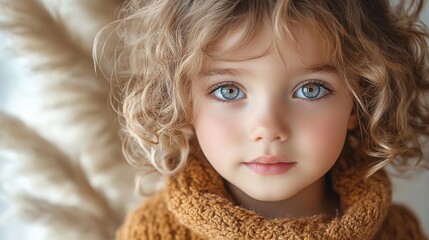 portrait of a child with curly hair exuding innocence and curiosity framed by a soft focus background that enhances their expressive features