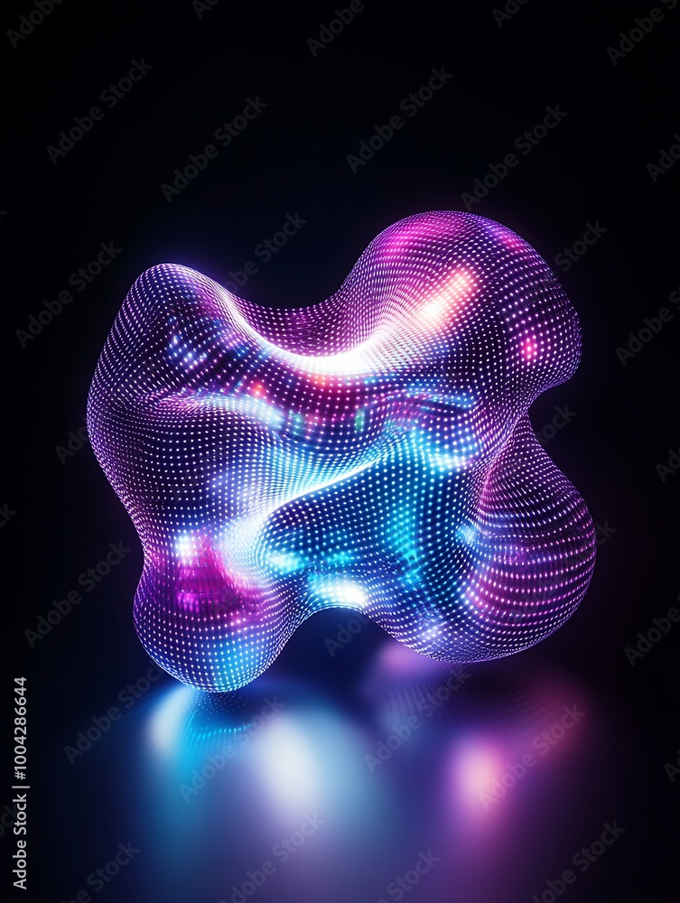 Poster abstract light sculpture with vibrant colors and intricate patterns, isolated on a dark background. 