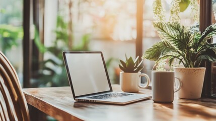 Fototapeta premium A clean modern workspace showcases a laptop and a coffee mug on a wooden table, with lush plants in the background enhancing the calm atmosphere
