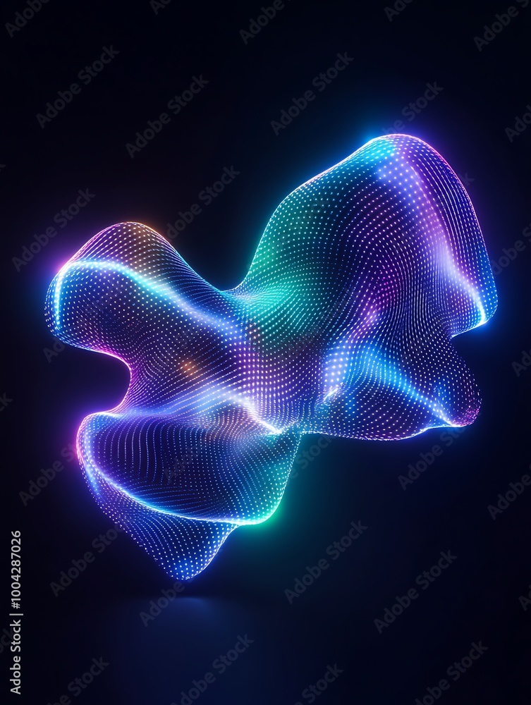 Poster abstract luminous wave forms in vibrant colors, illustrating dynamic motion and energy on a dark bac