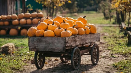 A Wooden Wagon Filled with Pumpkins in a Rural Setting