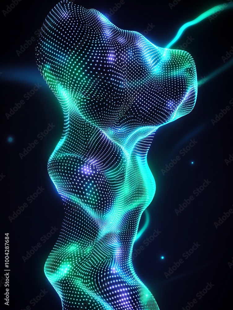 Poster Abstract representation of a fluid pattern showcasing vibrant colors and a dynamic structure in a digital space. A minimalist poster in metallic and chrome gradient style.