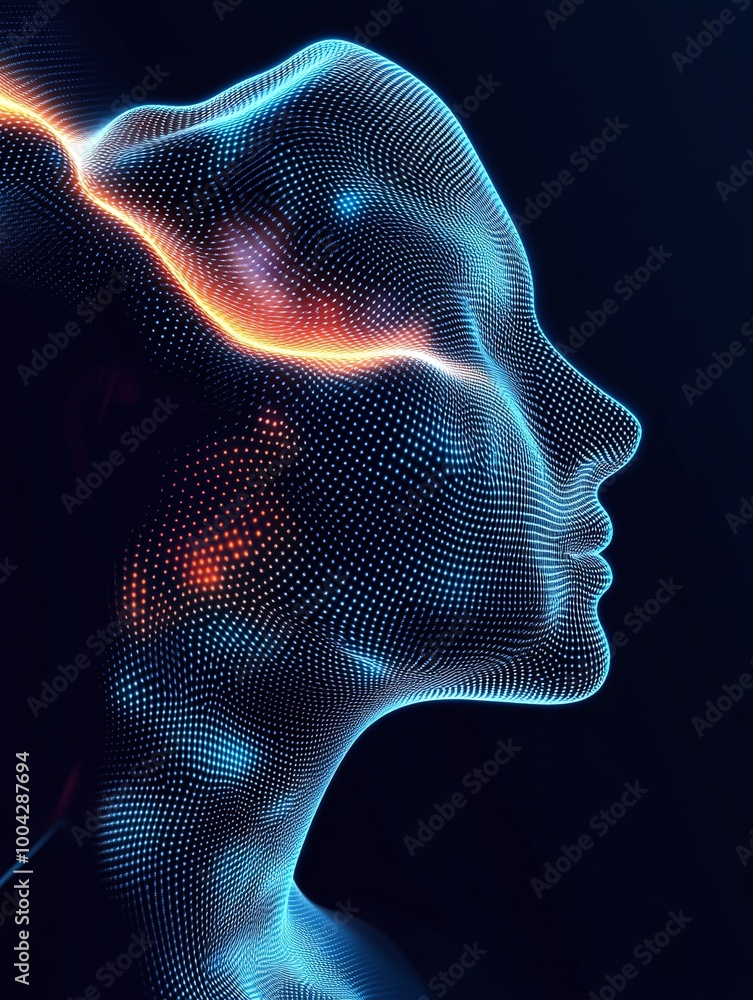 Poster abstract representation of a human face formed by glowing particles against a dark background. a min
