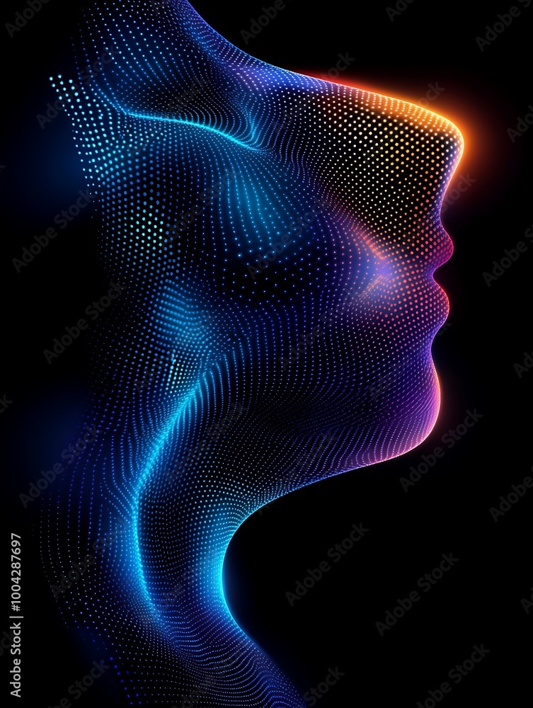 Poster Abstract representation of a human face using vibrant colors and intricate patterns in a digital style. A minimalist poster in metallic and chrome gradient style.