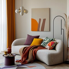  Contemporary interior design featuring a curved sofa, vibrant throw blankets, and geometric pillows, accented by a minimalist hanging lamp. 