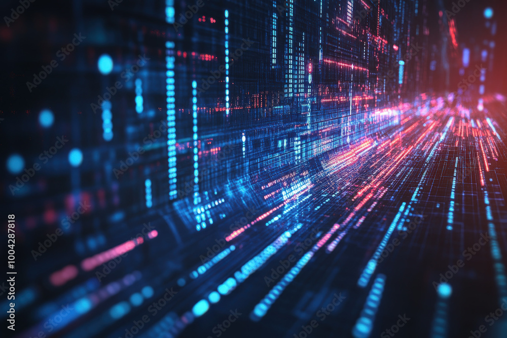 Poster vibrant digital streams of data illuminate the virtual landscape in deep blue and bright red hues. g