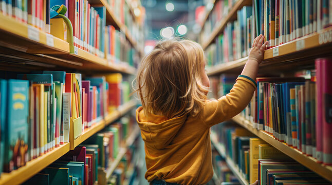 Child exploring bookshelf in library early childhood education and learning