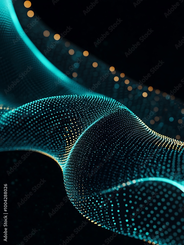Poster abstract representation of digital waves with luminous particles in motion against a dark background