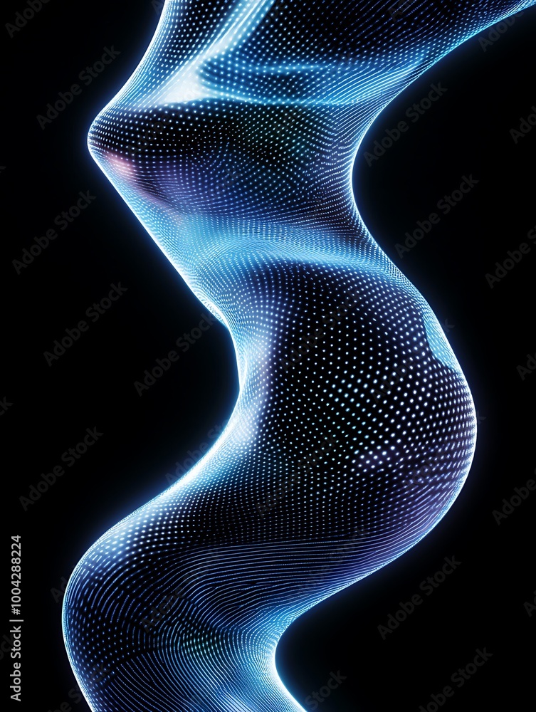 Poster abstract representation of flowing curves with luminous dots, set against a dark background. a minim