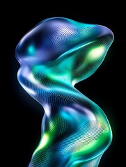 Naklejka premium Abstract sculpture glowing with vibrant colors against a black background, showcasing fluid shapes and artistic design. A minimalist poster in metallic and chrome gradient style.