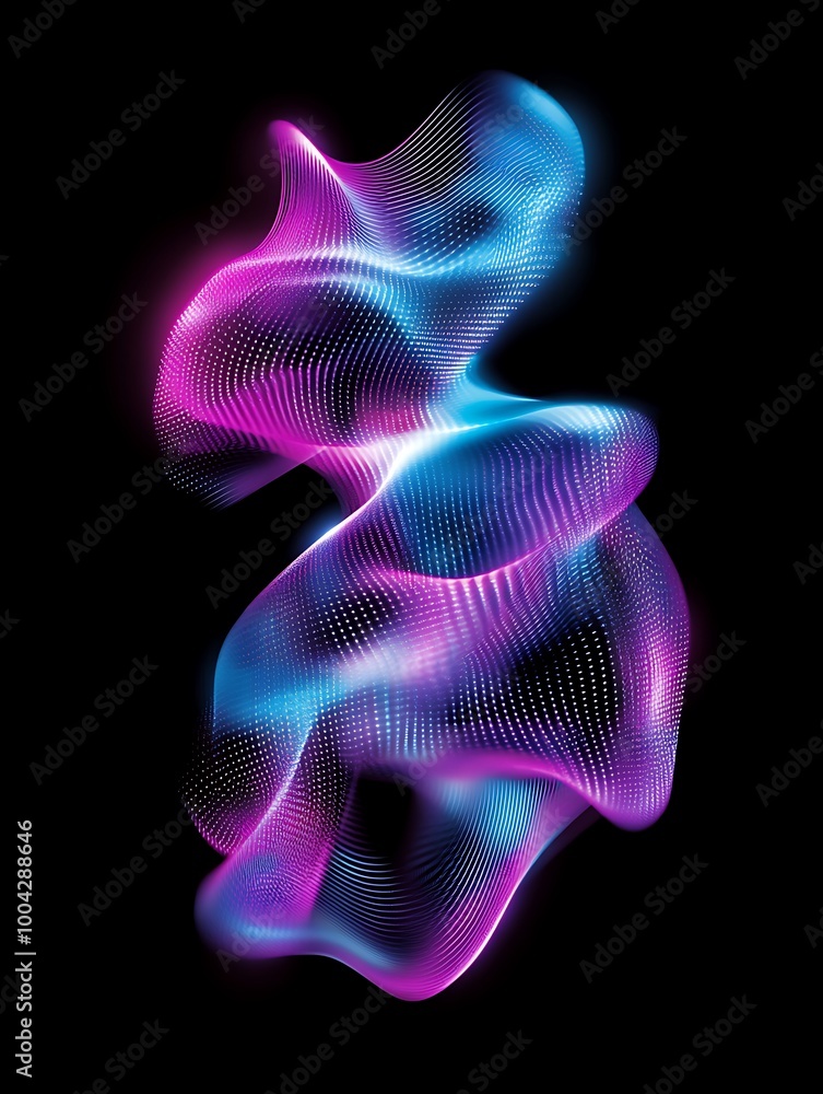 Poster abstract swirl of vibrant pink and blue waves on a black background, creating a dynamic visual flow.