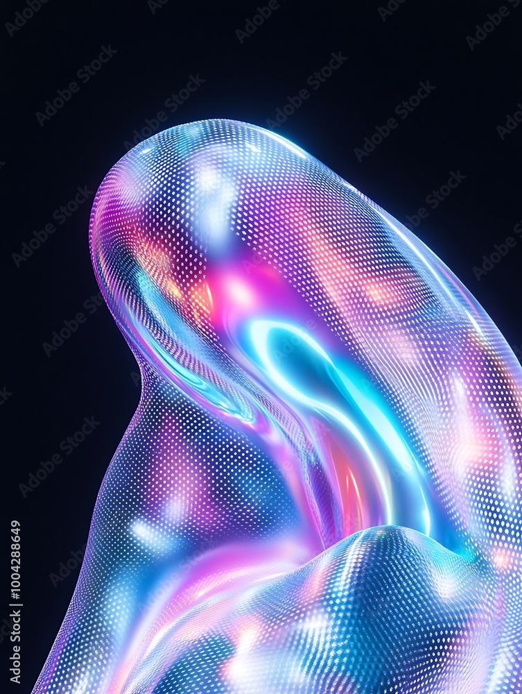 Poster abstract shiny blob with vibrant colors and a glossy surface, illuminated against a dark background.