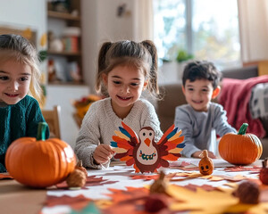 Children making Thanksgiving-themed crafts