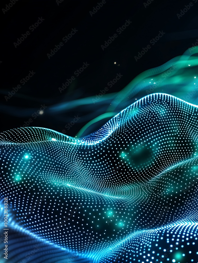 Poster abstract technology background with glowing dots and waves creating a digital landscape. a minimalis