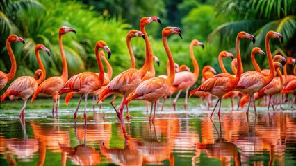 Naklejka premium Flock of Caribbean Flamingos Standing Gracefully in a Lush Green Water Pond - 4K UHD Video Footage