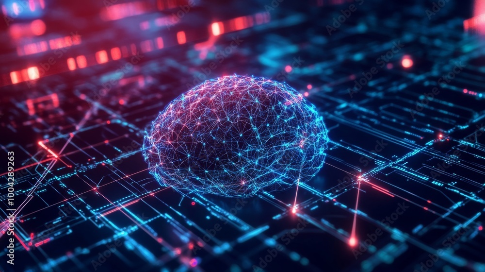 Leinwandbilder A digital rendering of a brain made of glowing particles, representing advanced technology and neural networks in a futuristic setting.