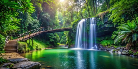 Fototapeta premium Footbridge Over Crystal Falls Surrounded by Lush Rainforest in Dorrigo National Park, Australia