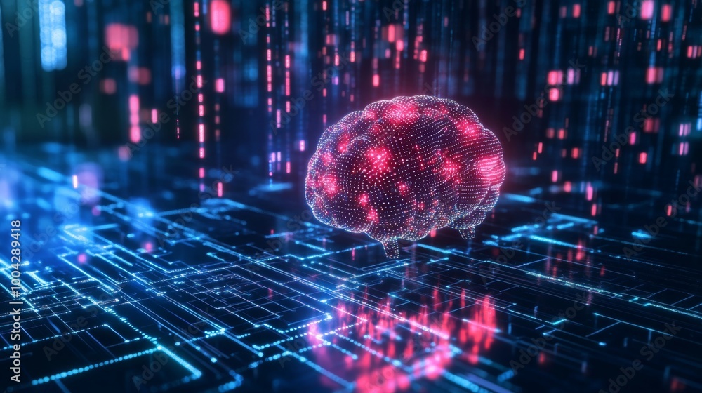 Aufkleber A digital brain represented as a vibrant network of lights, symbolizing advanced technology, AI, and data processing in a futuristic environment.