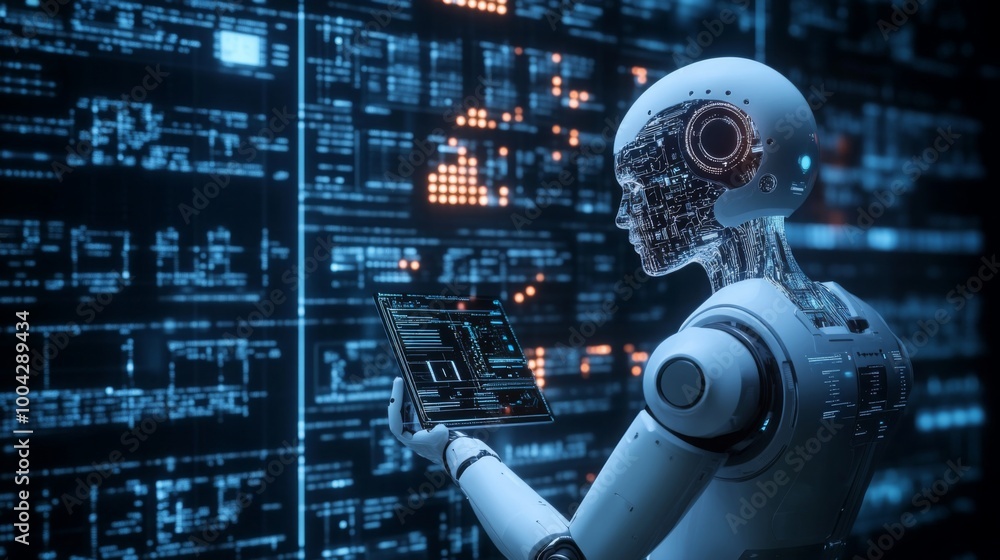 Fototapete A futuristic robot interacts with digital data on a glowing screen, embodying advanced technology and artificial intelligence.