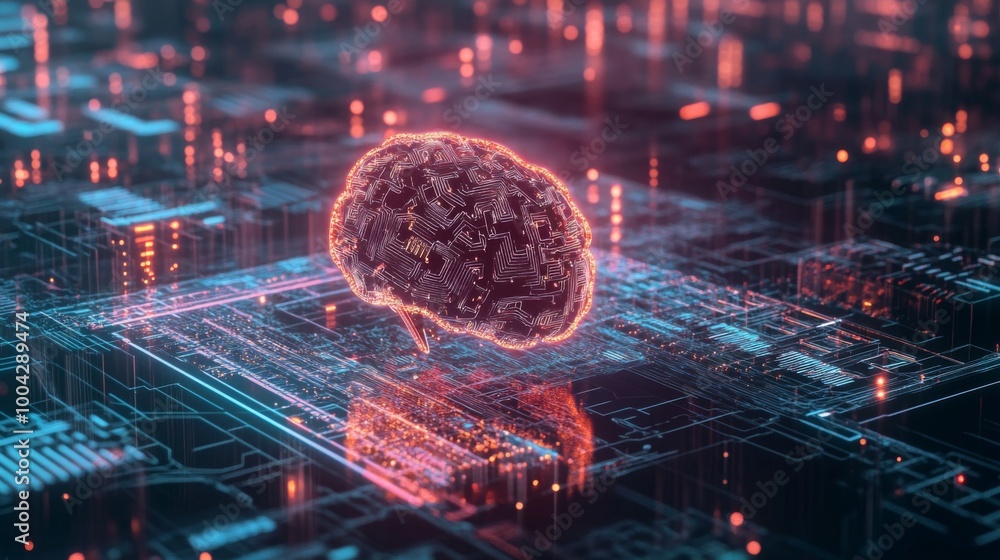 Aufkleber A digital brain model suspended over a circuit board, symbolizing artificial intelligence and technological innovation.