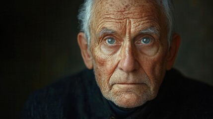 Obraz premium portrait of an old man with deep wrinkles wise eyes and a gentle expression embodying a lifetime of experiences and stories set against a soft background that enhances his dignified presence