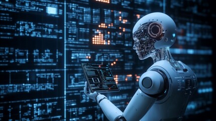 A futuristic robot interacts with digital data on a glowing screen, embodying advanced technology and artificial intelligence.