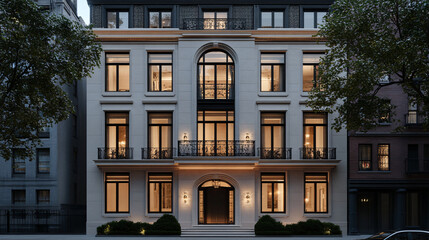 Obraz premium A sophisticated facade with large windows and elegant detailing