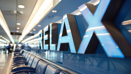 word "RELAX" in big letters on a display at the airport