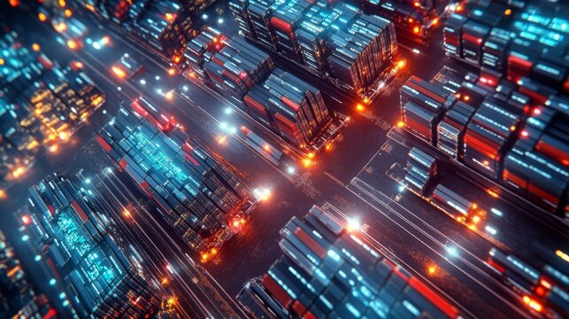 A vibrant, aerial view of a futuristic cityscape featuring illuminated shipping containers and busy traffic.