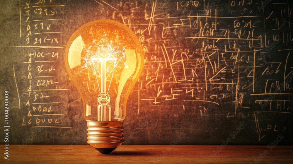 Poster a glowing light bulb illuminates a chalkboard filled with mathematical equations and diagrams.