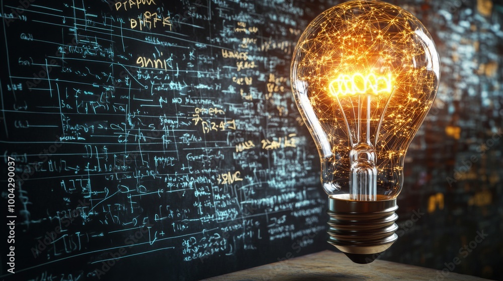 Poster A glowing light bulb illuminated against a backdrop of technical drawings and equations suggests innovation and creativity.