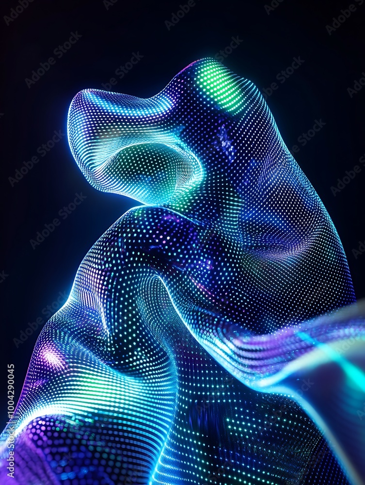 Poster Abstract visualization of colorful waves and patterns in motion against a dark backdrop. A minimalist poster in metallic and chrome gradient style.