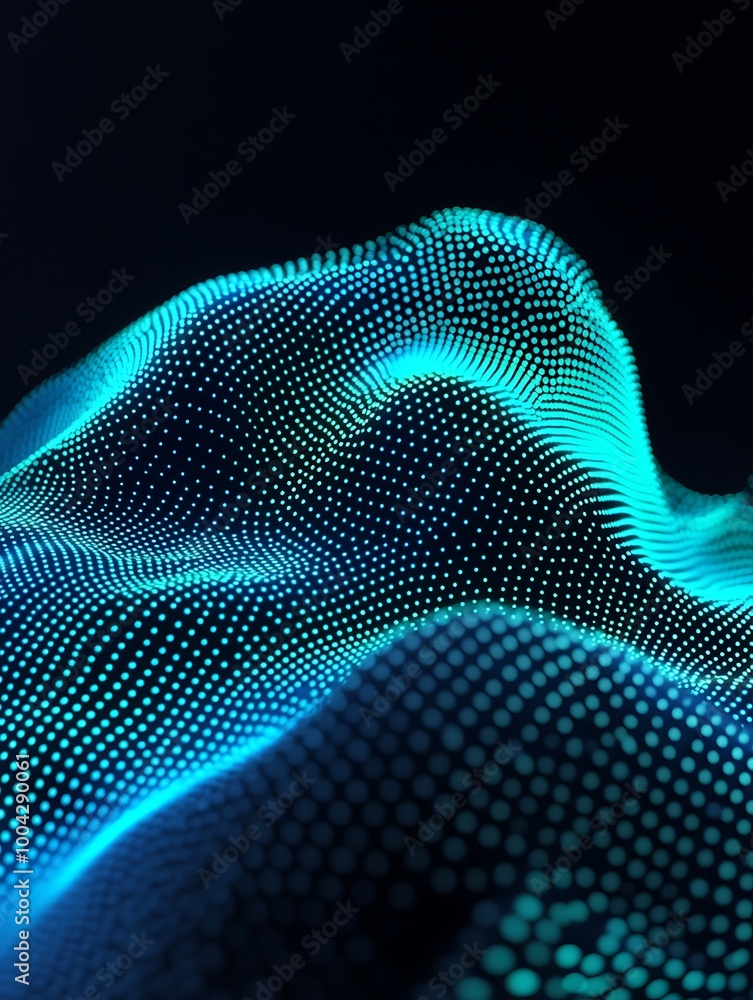 Poster abstract visualization of digital waves with glowing blue and green dots on a dark background. a min