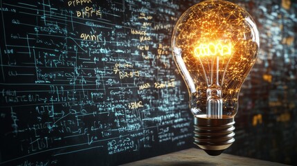 A glowing light bulb illuminated against a backdrop of technical drawings and equations suggests innovation and creativity.